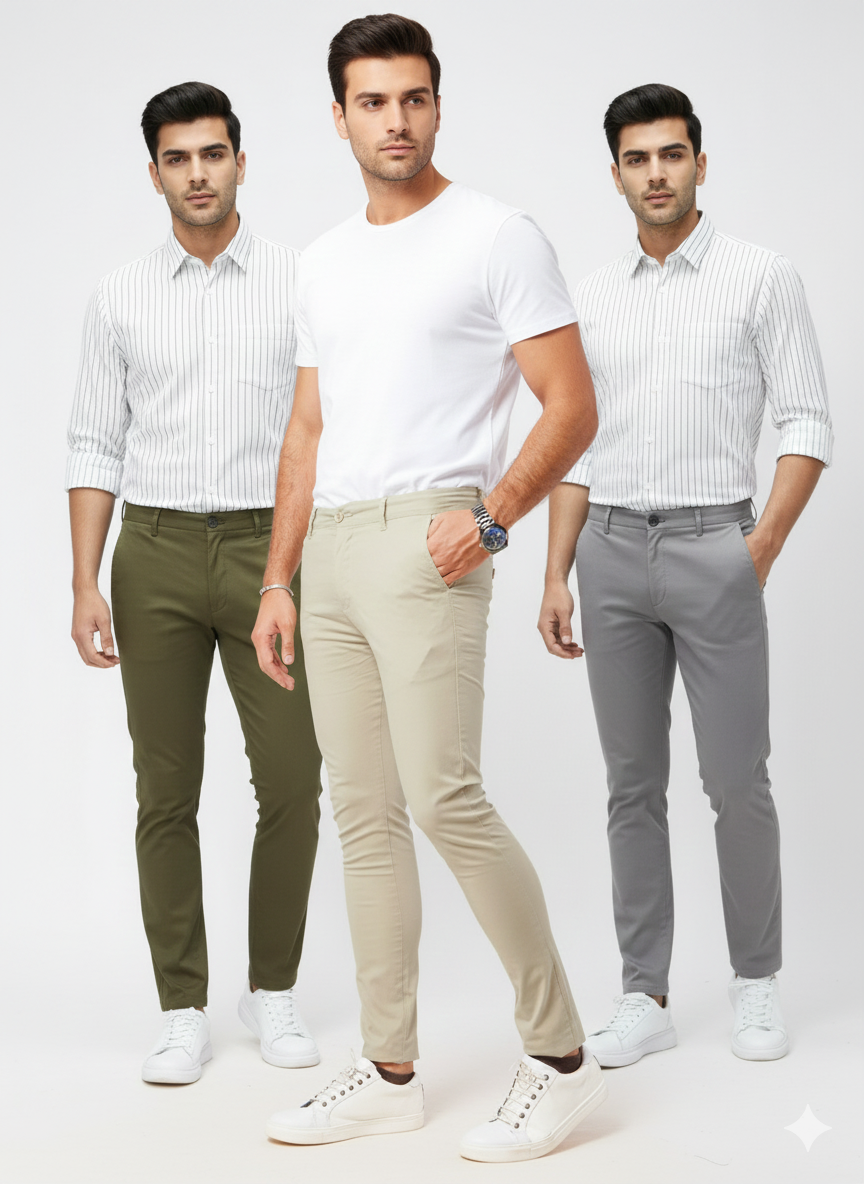 PACK OF 3 CREEM GREEN GREY MENS COTTON SMART FIT PANT