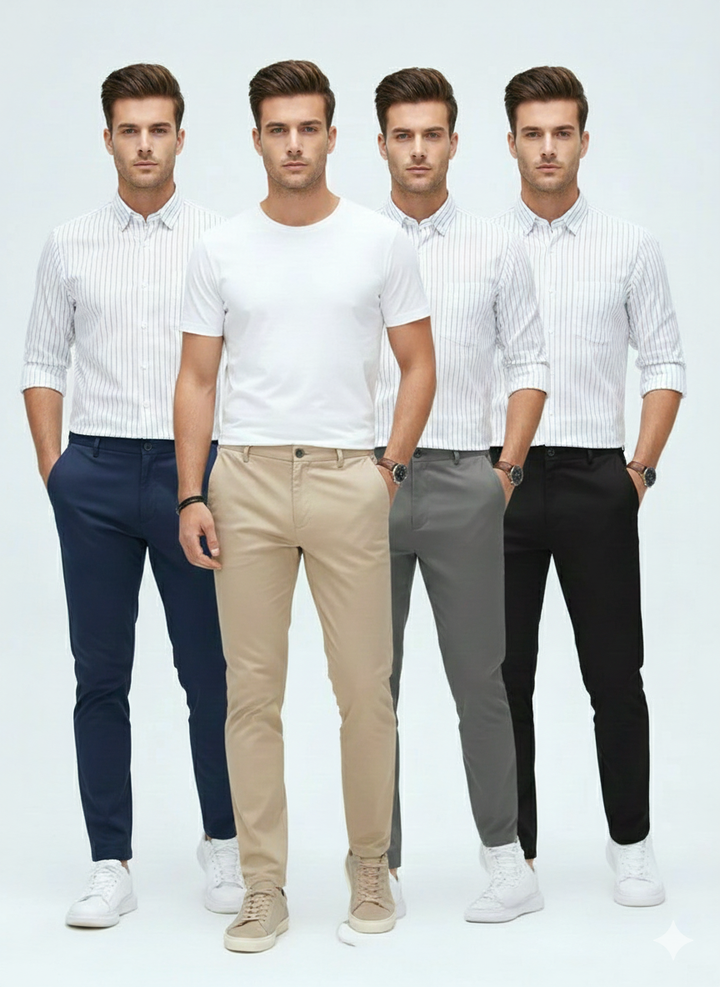 PACK OF 4 BLACK BLUE GREY CREAM MENS COTTON SMART FIT PANT